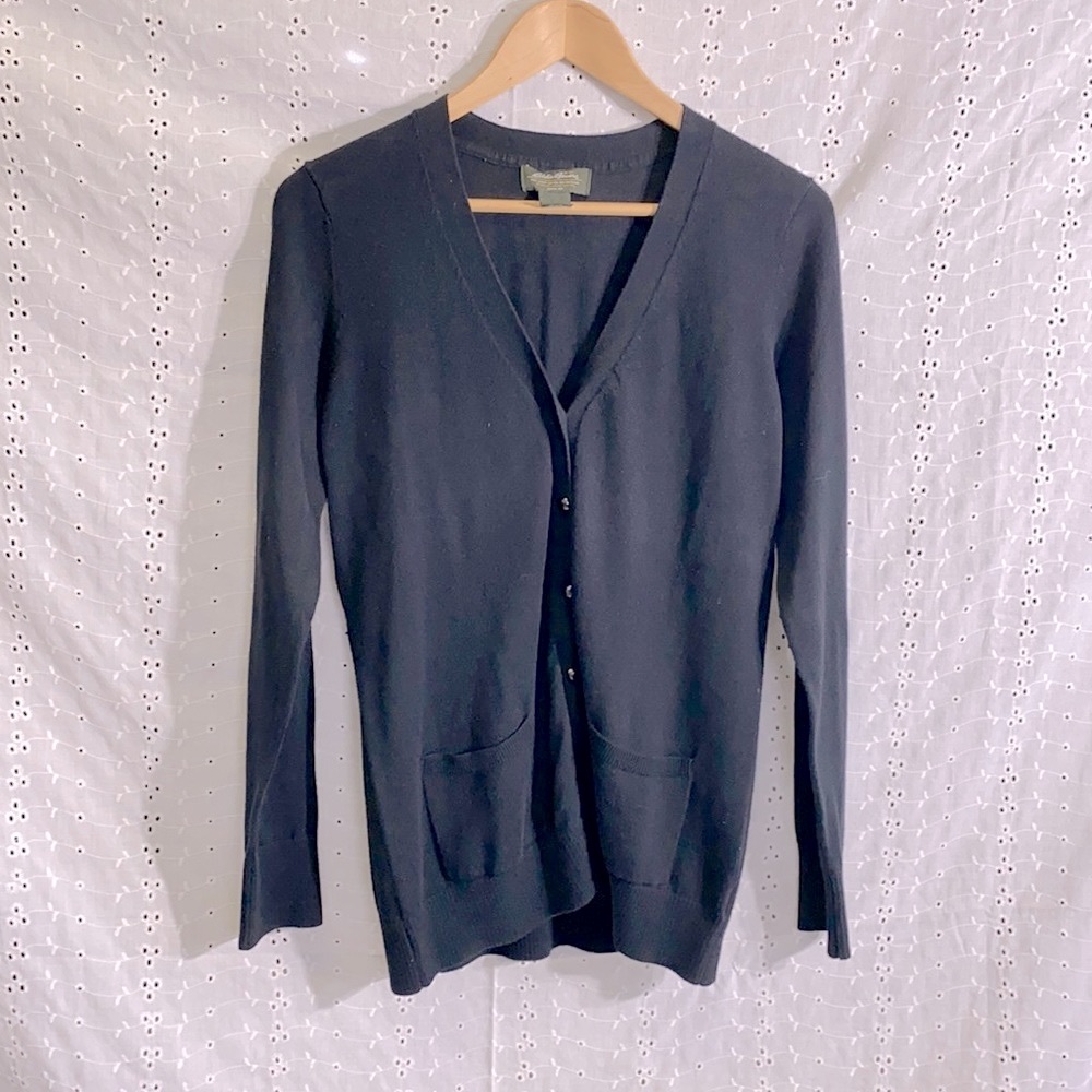Black Cotton/Cashmere Blend Cardigan Sweater - Eddie Bauer - Medium/Long Sleeve